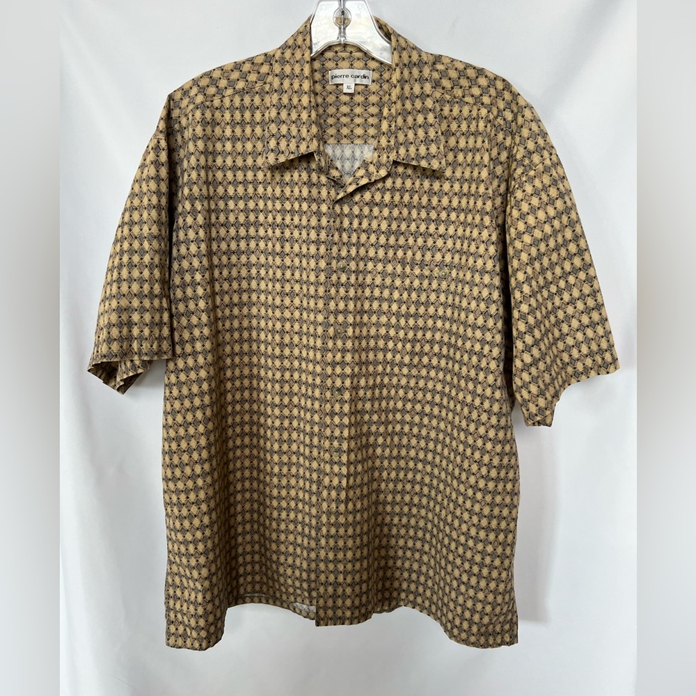 Pierre Cardin Mens Geometric Button Short Sleeve Pocket Tan Black Shirt XL‎